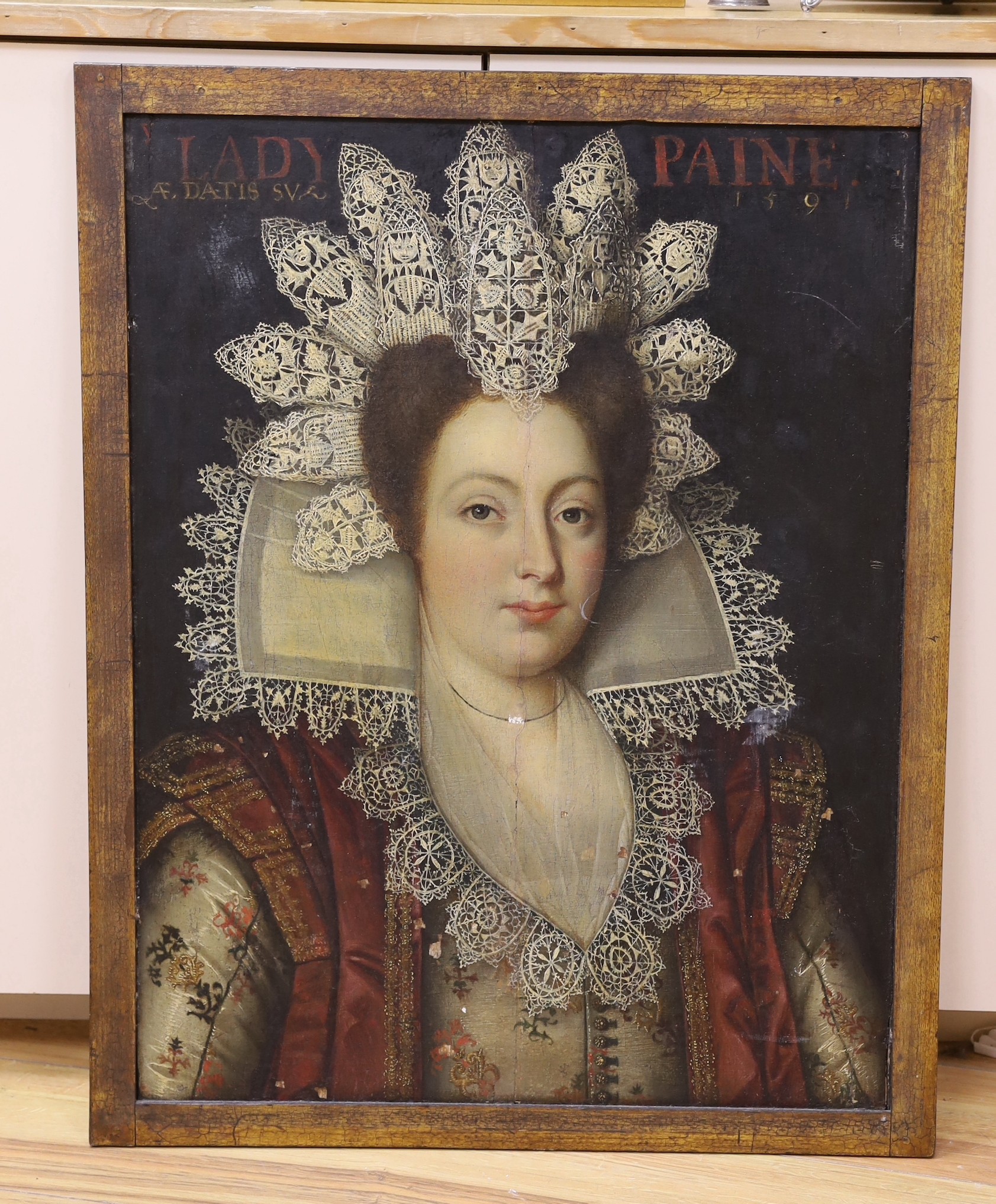 Early 19th century English School, oil on wooden panel, Portrait of 'Lady Paine, AE Datis Sua 1591', 65 x 50cm